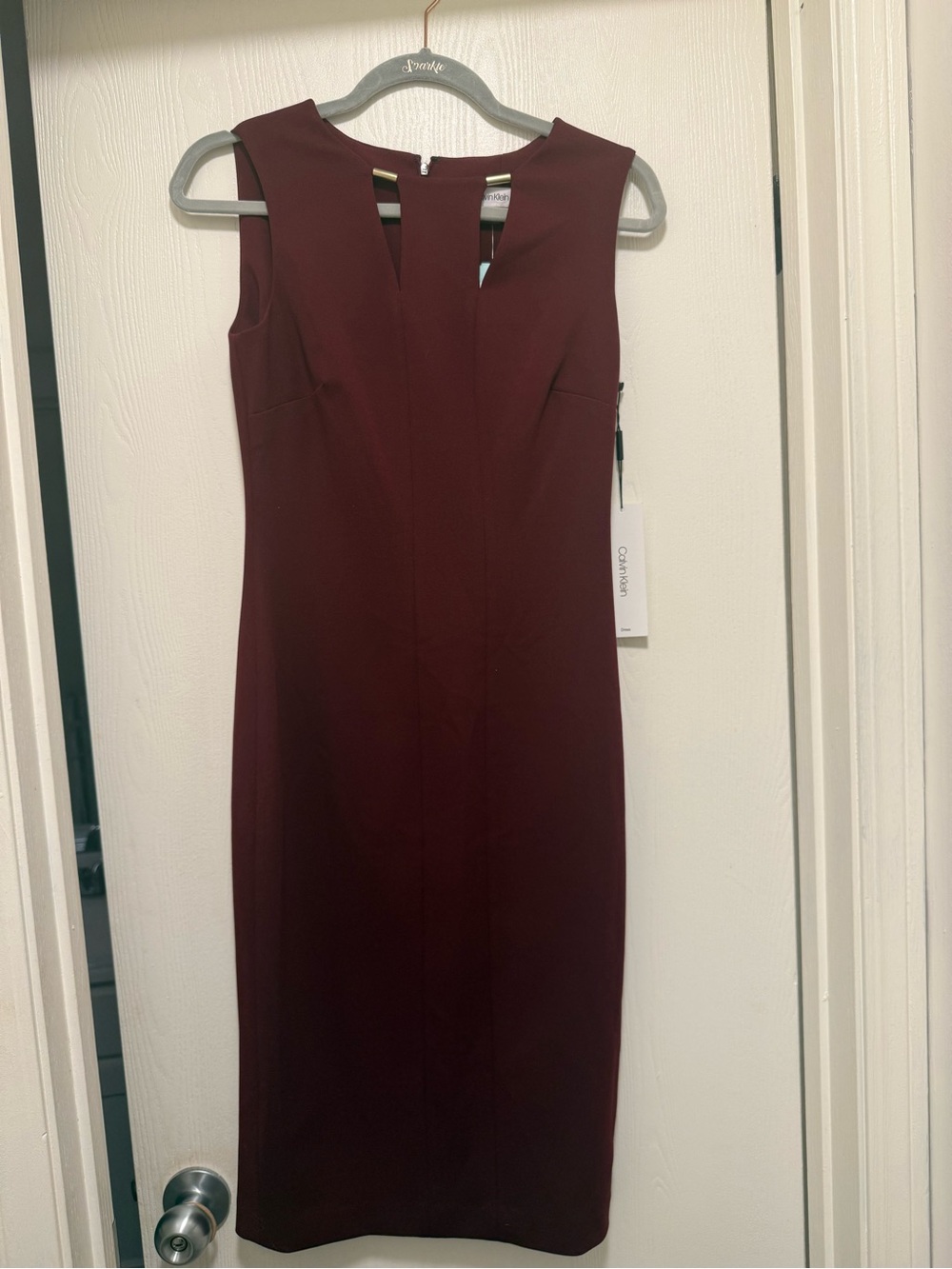 Calvin Klein Sleeveless Wine/Burgundy Midi Sheath Dress w/Gold Neckline